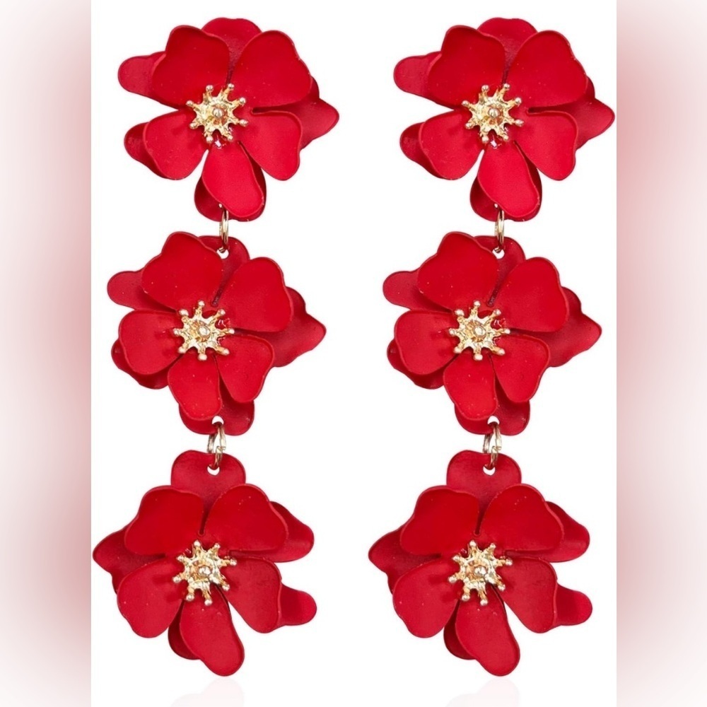 Metal Poppy Flower Dangle 3 Layer Tassel Fashion Bohemian Tiered Drop Ea…